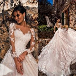 2020 Modest Elegant V Neck Long Sleeve A Line Wedding Dresses Lace Applique Wedding Gowns Sweep Train Bridal Gown