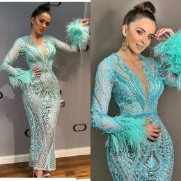 2019 Arabic Ankle Length Luxurious Prom Dresses Lace Beaded Deep V Neck Evening Dress Sheath Sexy Formal Party Bridesmaid Pageant Gowns