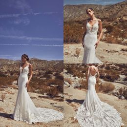 2020 Glamorous Mermaid Wedding Dresses Scoop Backless Beads Appliques Lace Wedding Dresses Court Train Bridal Gowns