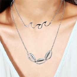 Ethnic Boho Vintage Silver Necklace Layered Metal Shell Fish Pendant Necklace Women Trendy Summer Beach Indian Jewellery