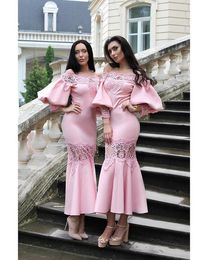 cheap short tea length pink bridesmaid dresses Lace Bateau Custom Made Prom Party Gowns Maid of Honour Dress 2019 Gorgeous Juliet Sleeves