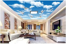 Customized Large 3D photo wallpaper 3d ceiling murals wallpaper Blue sky white clouds birds zenith mural ceiling papel de parede