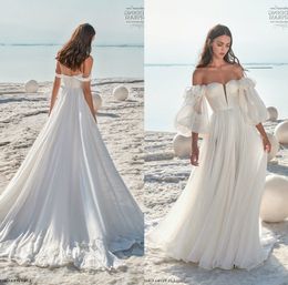 Beach A Line Wedding Dresses Beading Off Shoulder Long Sleeve Bridal Gowns Side Split Chiffon Wedding Dress