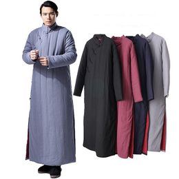 Anceint China Traditional winter men's Retro hemp cotton padded long gown Robe Chinese style thick loose Linen pourpoint Long Robe