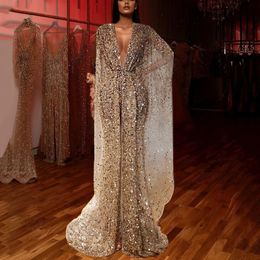 Elegant Deep V Neck Evening Dresses Sparkly Sequins Beaded Crystal Long Prom Dress High Split Glitter Formal Party Gowns