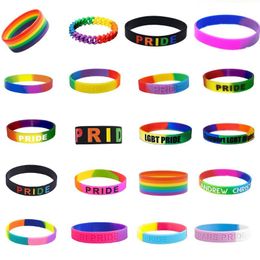 Newest Trendy Decoration Rainbow bracelets Segmented Gay Pride Silicone Rubber Bracelet Adult Size for Promotion Gift 6112