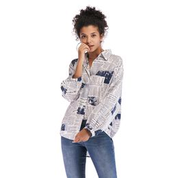 Women Long Sleeve T Shirt Tops Fashion Turndown Neck Newspaper Printed Blouse V-Neck Loose Button Down Tshirt Top