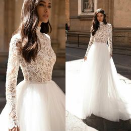 lace top wedding dresses with long sleeves high collar bohemian wedding gowns tulle beach brdal dress Customise