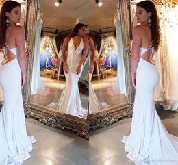 New Sexy White V Neck Evening Dress Backless Mermaid Formal Prom Gown With Open Back Special Ocn Dresses Lace Up Elastic Satin
