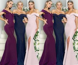 Charming Satin Newest Off Shoulder Bridesmaid Dresses Mermaid Front Split Long Maid of Honour Gowns Custom Made BD8925