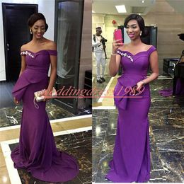 Beautiful Mermaid Peplum Evening Dresses Off Shoulder Beads Formal Pageant Party Dress Plus Size African Prom Juniors Gowns Vestido de noche