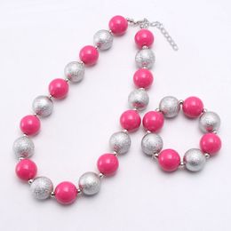 Cute hot pink/silver beads necklace bracelets girls baby chunky Jewellery for kids children beaded necklace lovely