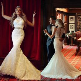 Full Lace New Mermaid Dresses With Sash Beads Sequins Sleeveless Sweep Train Wedding Dress Hollow Back Bridal Gowns Robe De Marie
