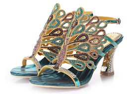 Venda Quente - Sandálias Romanas de Salto Alto 2017 Nova Moda Sapatos de Verão Hollow Peacock Sexy Salto Alto Salto Chunky Diamond-Enrusted Sandals