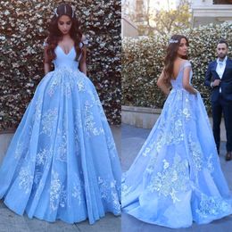 2019 Stunning Light Blue Puffy Arabic Prom Evening Gowns Vesitidos Appliqued Off the Shoulder Said Mhamad Prom Dresses2392