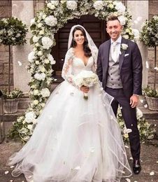 2019 new V Neck Lace Wedding Dresses Long Sleeves cascading ruffles Tulle Sweep Train vestido de noiva A Line Long Bridal Wedding Gowns