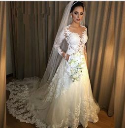 Vestidos de Noiva A Line Lace Wedding Dresses 2018 See Through Back Sexy Long Sleeves applique Wedding Dresses Robe De Mariage Bridal Gowns