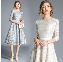 New design women's o-neck three quarter sleeve high waist lace embroidery floral ball gown midi long dress S M L XL 2XL