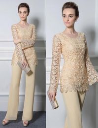 Light Yellow Lace Pants Suits For Mother Of The Bride Formal Groom Dresses Jewel Neckline Chiffon Wedding Mothers Guest Dresses