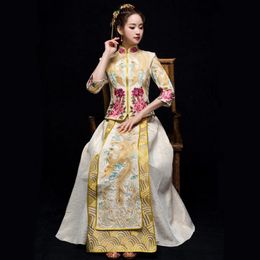 Embroidered Phoenix Peony traditional Tang suit ethnic clothing Chinese Bride Wedding dress Cheongsam gown Royal Marriage party vestido