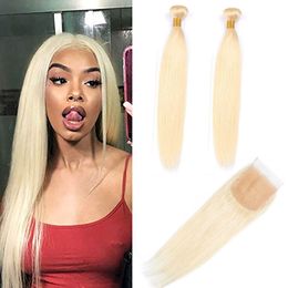 Brazilian Virgin Hair Extensions 613 Blonde Straight Human Hair Blonde 613# Color 2 Bundles With 4X4 Lace Closure Middle Three Free Part