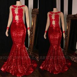 Red Sequin Mermaid Prom Dresses 2022 Lace See Through Top African Black Girl Long Sleeve Graduation Dresses