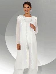 White Chiffon Long Sleeves Mother of the Bride Pant Suits With Long Blouse Sequins Beaded Three Pieces Mother of Groom Pant Suit B283W
