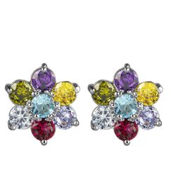 10Prs Luckyshine Fashion Fire Rainbow Flower Cubic Zirconia Gemstone Silver Stud Earrings for Holiday Wedding Party