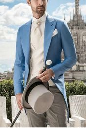 New Hot Selling One Button Blue Groom Tuxedos Peak Lapel Groomsmen Mens Wedding Business Prom Suits (Jacket+Pants+Vest+Tie) 635