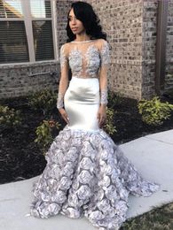 2021 Africa Silver Mermaid Floral Prom Dresses Long Sleeve Sexy Illusion Plunging Neck Backless Beaded Women Girls Pageant Dress Lace Evening Party Gowns