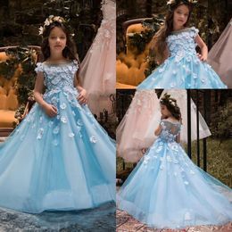 2019 Princess Sky Blue Flowers Girls Dresses Lace 3D Floral Appliques Teens Kids Pageant Gowns First Holy Communion Dress For Wedding Party