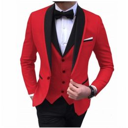 Brand New Red Groom Tuxedos Black Shawl Lapel Groomsmen Mens Wedding Dress Fashion Man Jacket Blazer 3Piece Suit(Jacket+Pants+Vest+Tie) 210