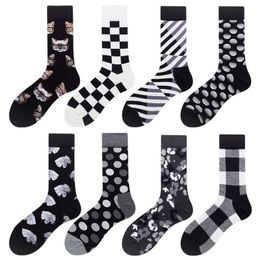 Harajuku Style Men Socks Black White Plaid Dot Cat Pattern Happy Socks New Hip Hop Combed Cotton Calcetines 2pcs=1pairs