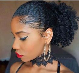 Chic ponytail hairstyle short afro puff ponytail for black women kinky curly drawstring ponytail human hair extension 120g clip short updo