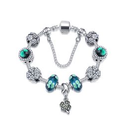 Ys2q 18-21cm New Four-leaf Clover Bracelets Charm Four Leaf Pendant Lucky Green Crystal Beads 925 Silver Bangle Diy Jewellery