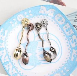 Vintage Royal Style Carved Coffee Spoons Forks with Crystal Head Kitchen Fruit Prikkers Dessert Ice-cream Scoop