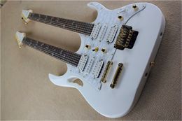 Double Neck White body 6 Strings Electric Guitar with Tremolo Bridge,Golden Hardware,White Pearl Pickguard,can be customized