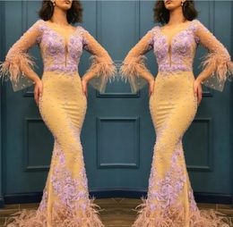 Light Yellow Mermaid Prom Dresses Sheer Long Sleeves Lace Appliques And Feather Evening Dres Fishtail Arabia Women Party Dress s