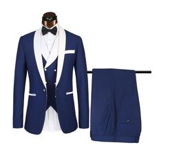 Popular Navy Blue/Red Groom Tuxedos White Lapel Groomsmen Mens Wedding Dress Fashion Man Jacket Blazer 3 Piece Suit(Jacket+Pants+Vest+Tie)26