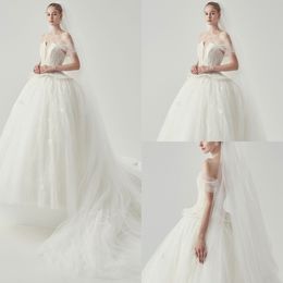 2020 Modest YL Elegant Ball Gown Off Shoulder Sleeveless Lace Up Wedding Dresses Lace Applique Tulle Wedding Gowns Sweep Train Bridal Gowns