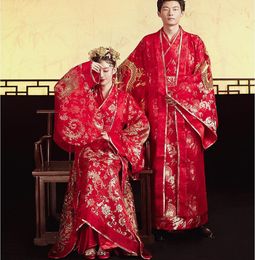-Padrão antigo china dinastia tang estilo chinês hanfu vestido de noiva vermelho roupas mulheres noiva phoenix dress homens noivo robe de dragão