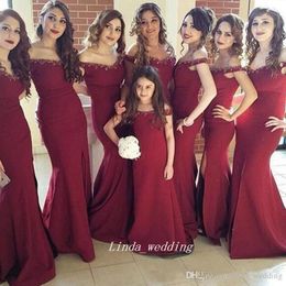 2019 New Burgundy Beaded Long Formal Guest Bridesmaid Dress Cheap Mermaid Off Shoulders Maid of Honour Gown Plus Size Custom Made