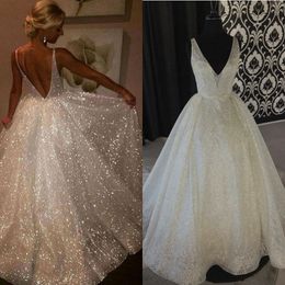 Luxury A Line Wedding Dresses 2020 New Design V Neck Flare Skirt Shiny Brilliant Pailettes Fabric vestidos de noiva