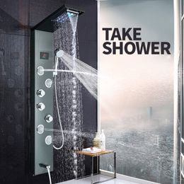 Retail and Whole Chrome Led light Dual Handle Shower Mixer Set Wall Mounted Stainless Steel Rainfall waterfall Shower Head312u