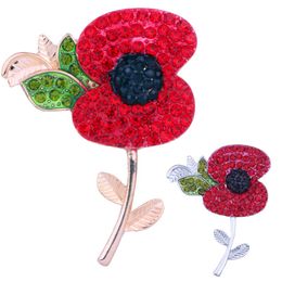 New design Event Party Supplies UK Remembrance Day Gift Gold Tone Red Crystal Poppy Pin Brooch Green Leaf Flower Brooch