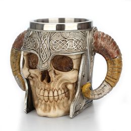 Stainless Steel 3D Skeleton Knight Coffee Cup Horror Halloween Skull Shaped Mug Cup With Double Horned Handle Drinking Cups DH1192