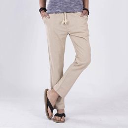 Fashion-Casual Elastic Waist Drawstring Cotton Linen Trousers Solid Colour Men Long Pants