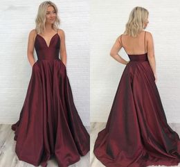 New Sexy Bury Evening Dresses Wear Deep V Neck Sleeveless Spaghetti A Line Floor Length Open Back Simple Custom Party Prom Gowns