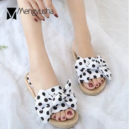 Hot Sale-sweet bow slippers women black/white polka dot flat sandals women designer fisherman beach shoes bow-knot flip flops femmes c676