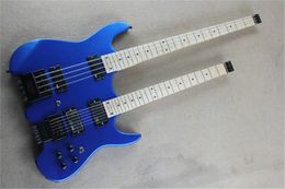 New Arrival Double Neck Metallic Blue body Headless Electric Guitar with Black Hardware,Maple Fingerboard,can be customized